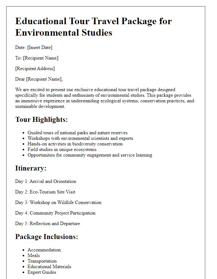 Letter template of educational tour travel packages for environmental studies.