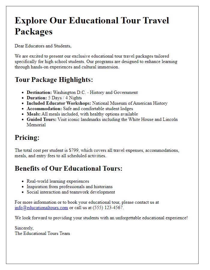 Letter template of educational tour travel packages for high school students.