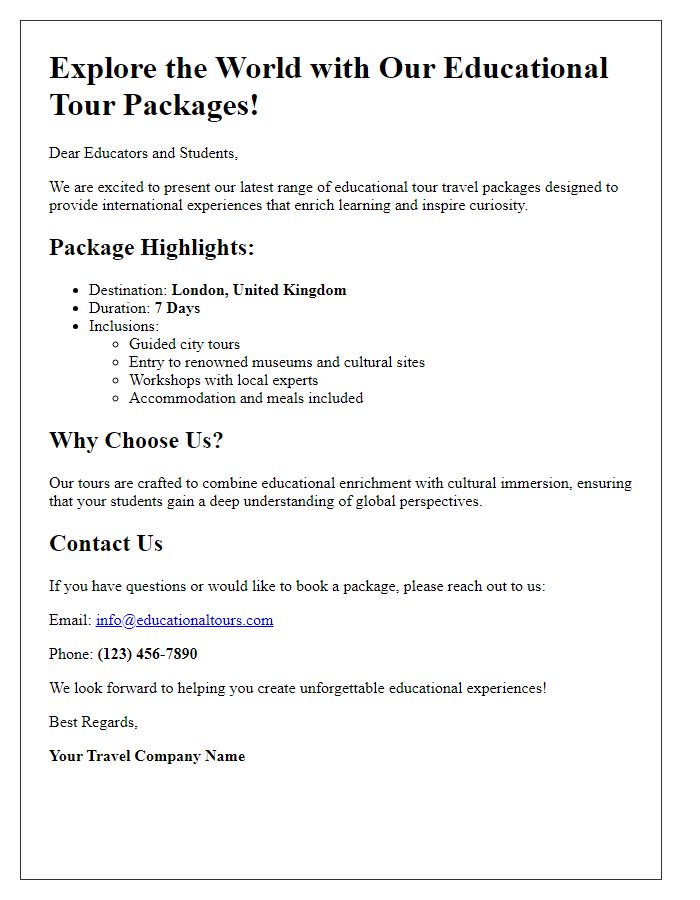 Letter template of educational tour travel packages for international experiences.