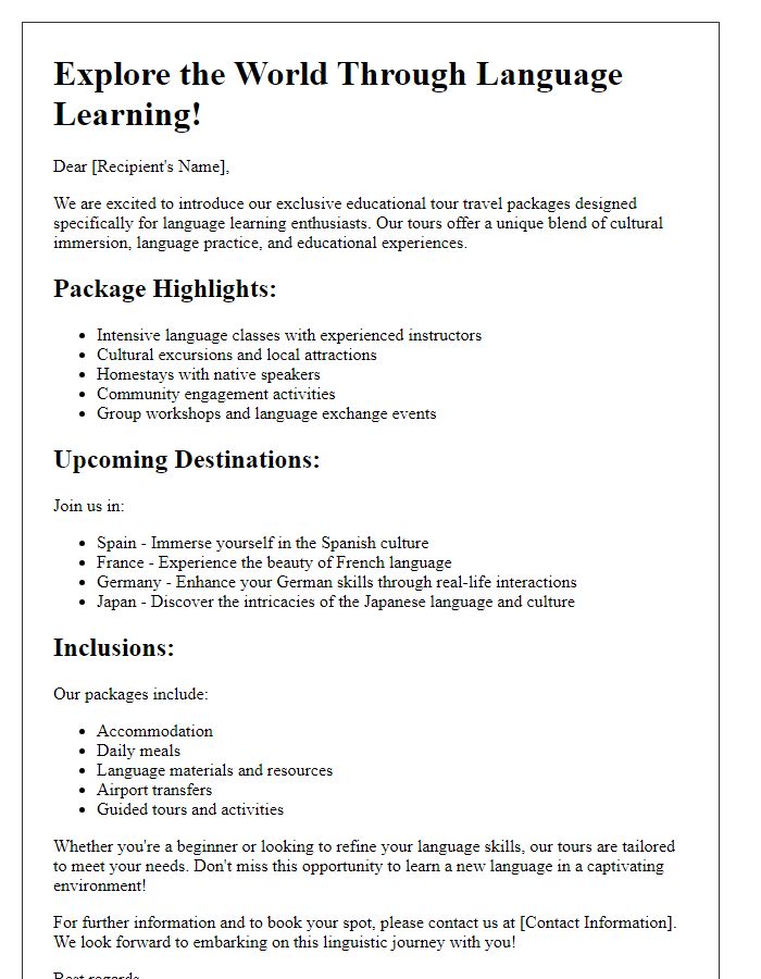 Letter template of educational tour travel packages for language learning trips.