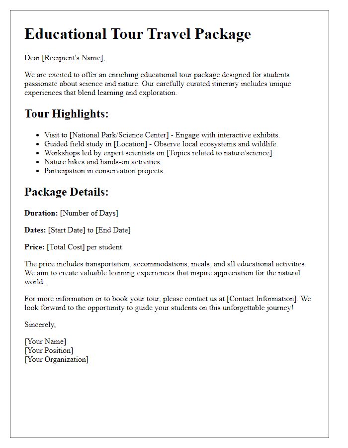 Letter template of educational tour travel packages for science and nature explorations.