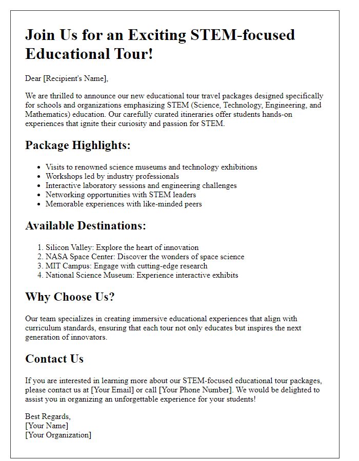 Letter template of educational tour travel packages for STEM-focused programs.