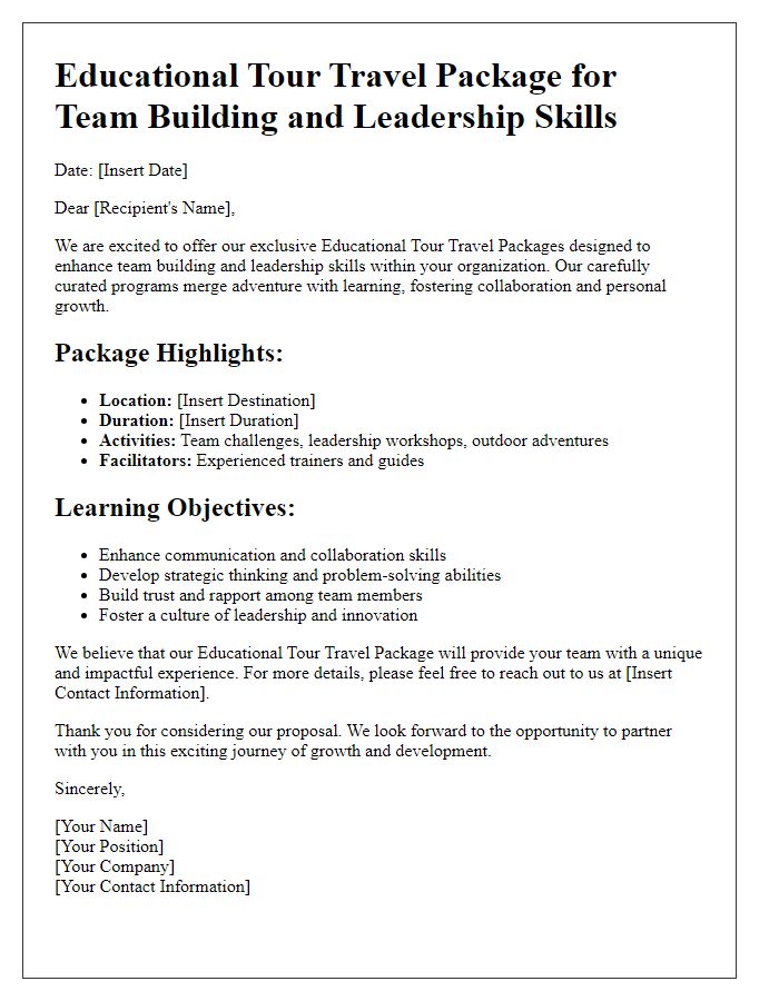 Letter template of educational tour travel packages for team building and leadership skills.