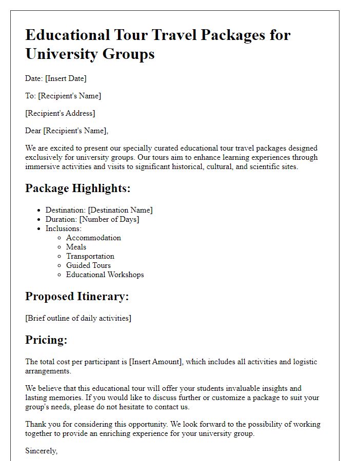 Letter template of educational tour travel packages for university groups.