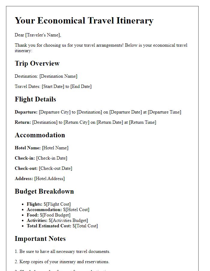 Letter template of economical travel itinerary creation