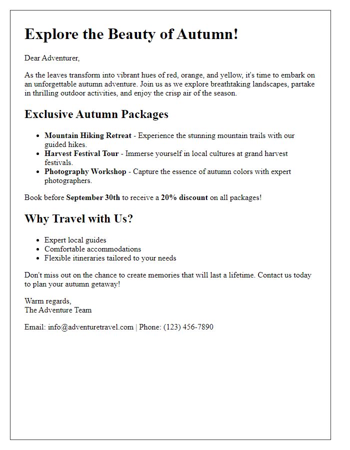 Letter template of autumn adventure travel promotions