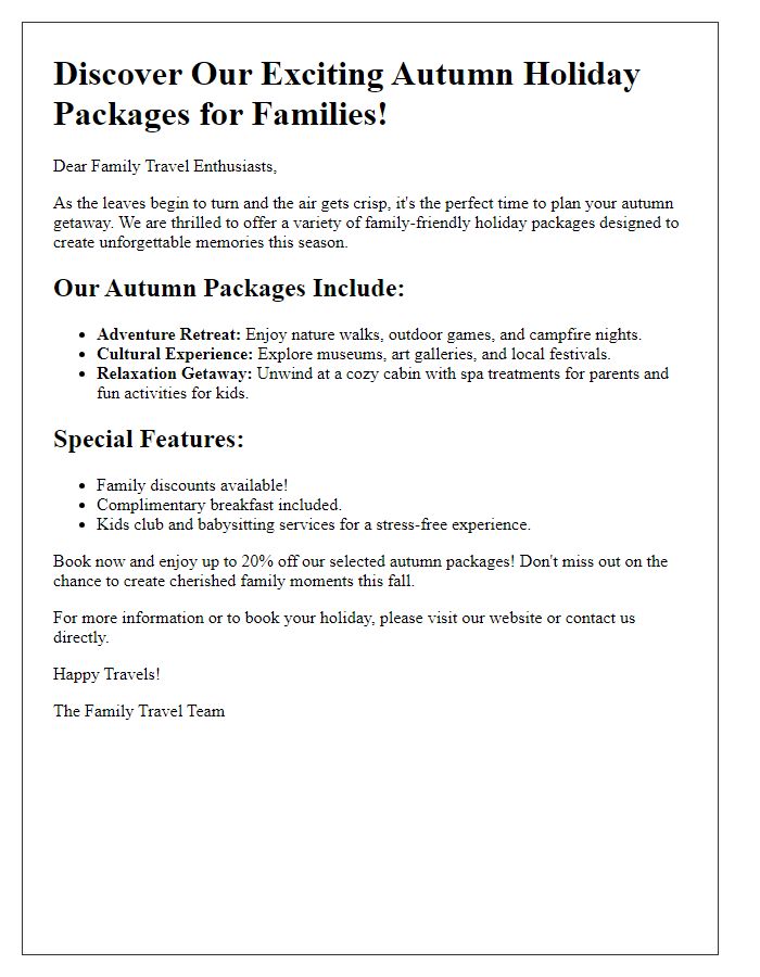 Letter template of autumn holiday packages for families