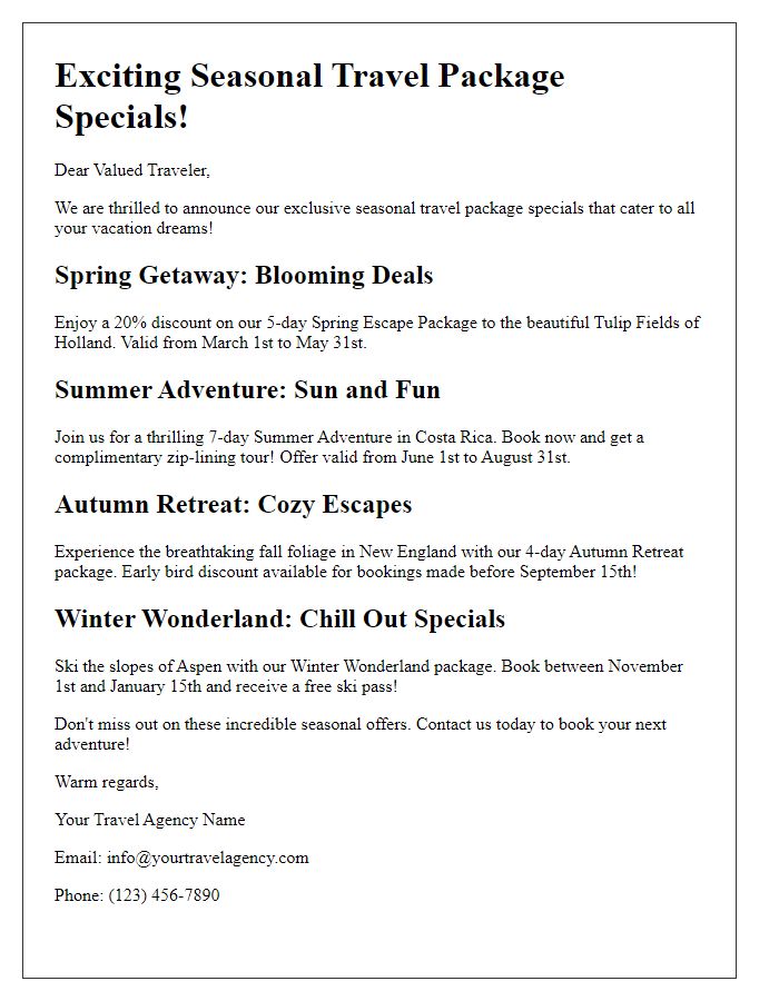 Letter template of seasonal travel package specials