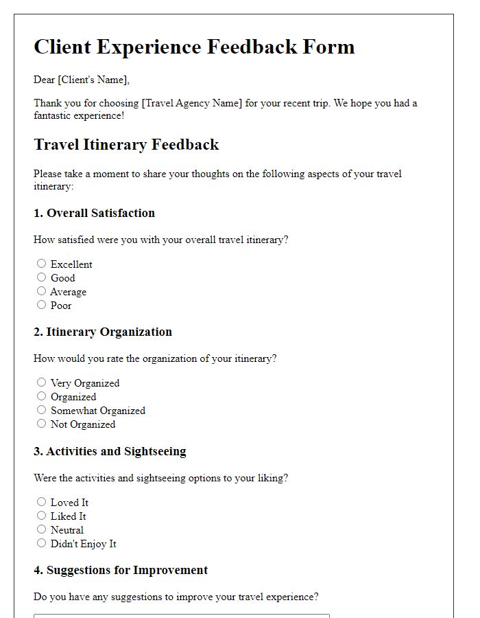 Letter template of Client Experience Feedback on Travel Itinerary