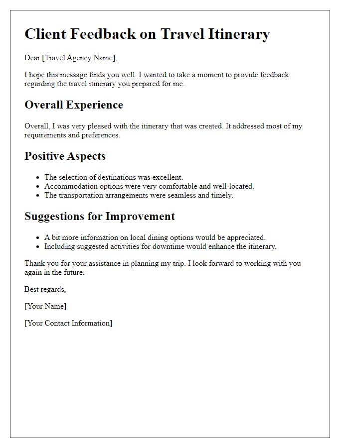 Letter template of Client Feedback on Travel Itinerary