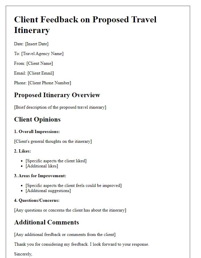 Letter template of Client Opinions on Proposed Travel Itinerary