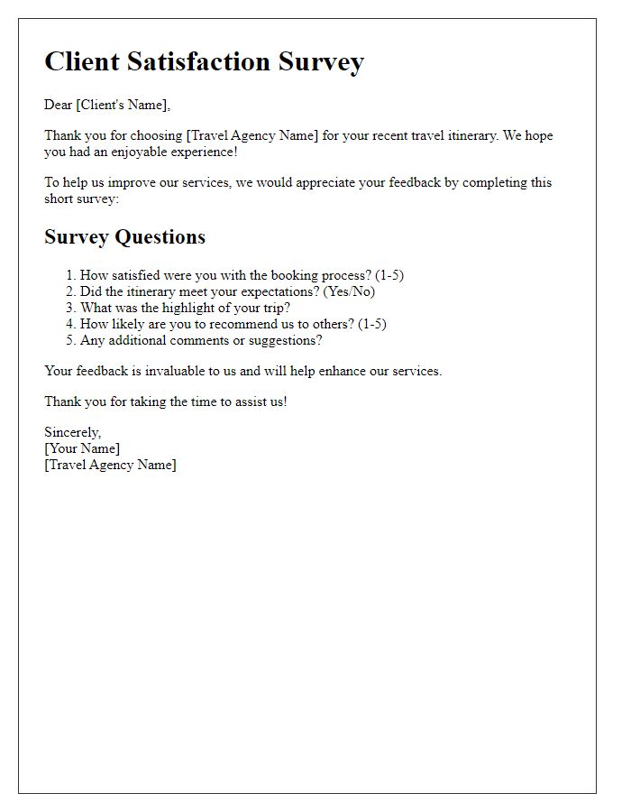 Letter template of Client Satisfaction Survey for Travel Itinerary