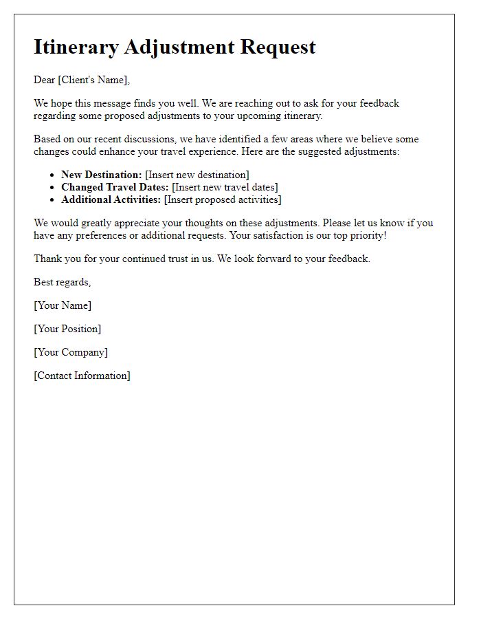 Letter template of Itinerary Adjustment Request for Client Feedback