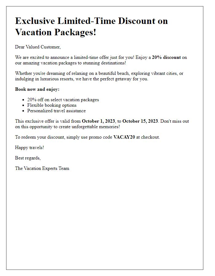 Letter template of a limited-time discount for vacation packages.