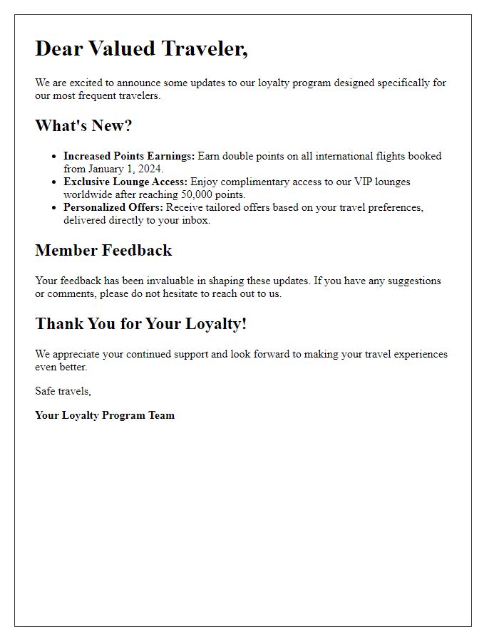 Letter template of a loyalty program update for frequent travelers.