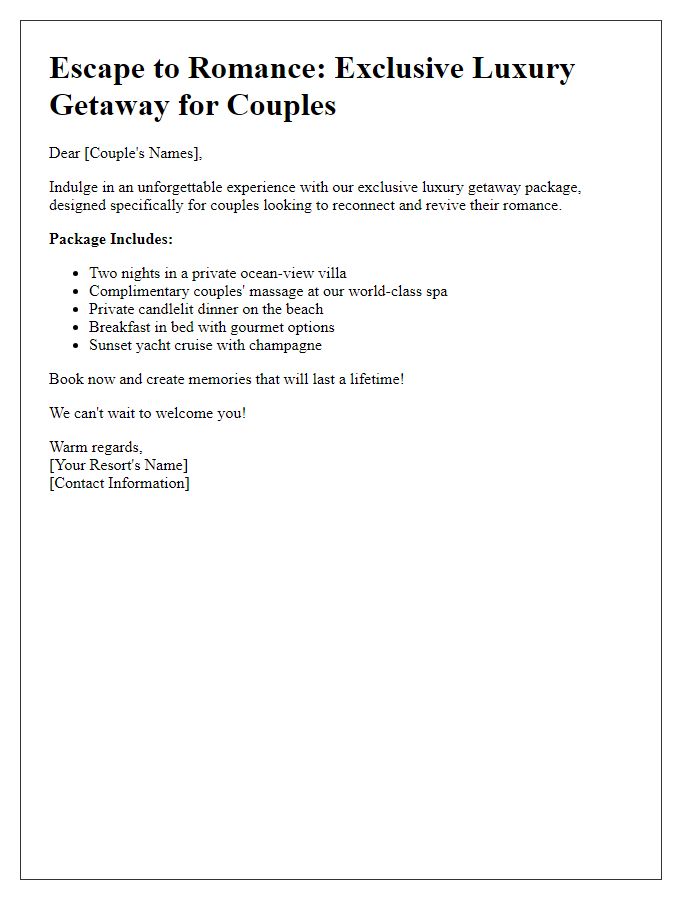 Letter template of a luxury getaway promotion for couples.