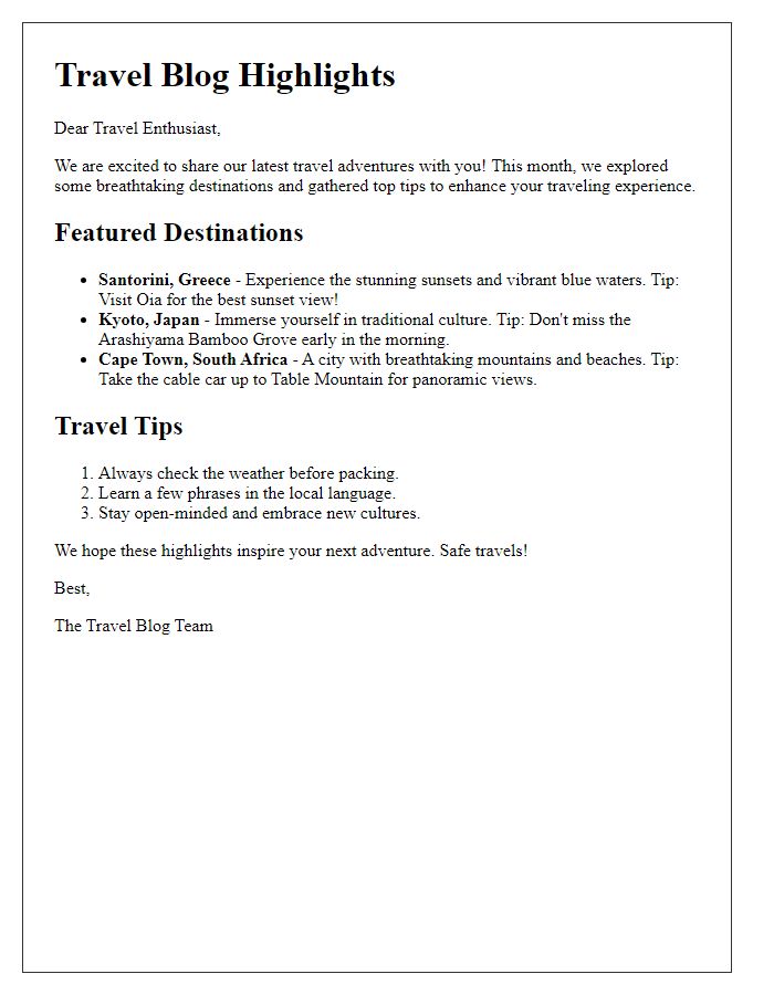 Letter template of a travel blog highlight with tips and destinations.