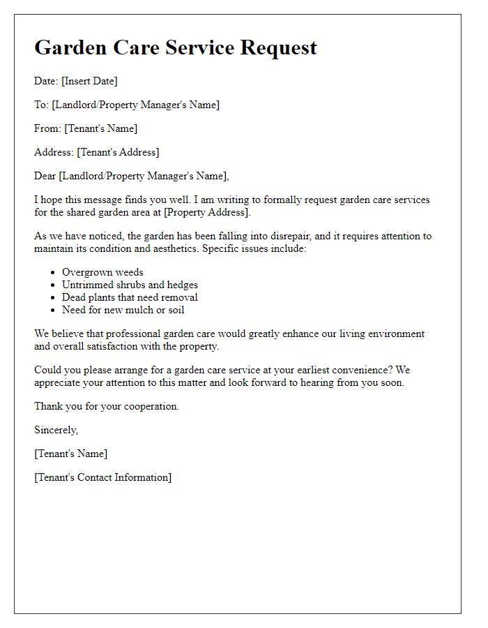 Letter template of garden care service request from tenants