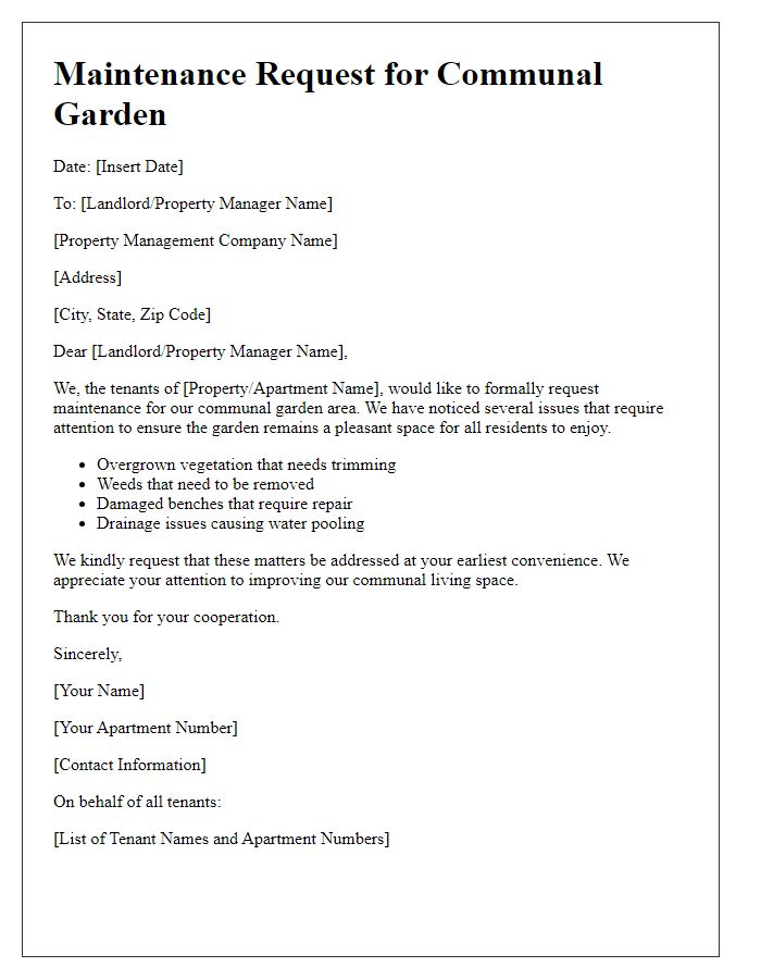 Letter template of maintenance request for communal garden by tenants