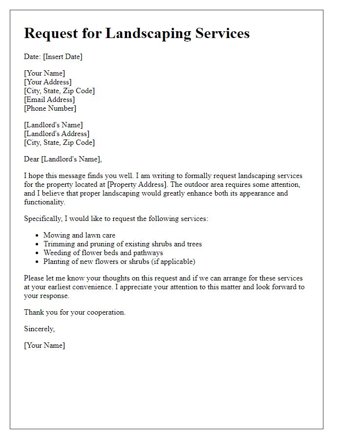 Letter template of tenant request for landscaping services