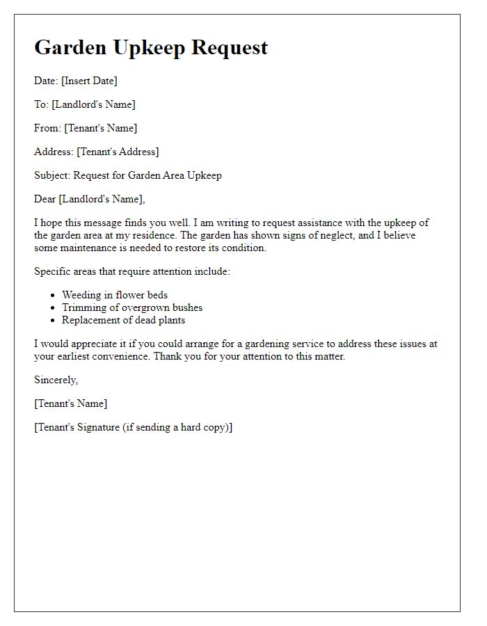 Letter template of upkeep request for tenant's garden area