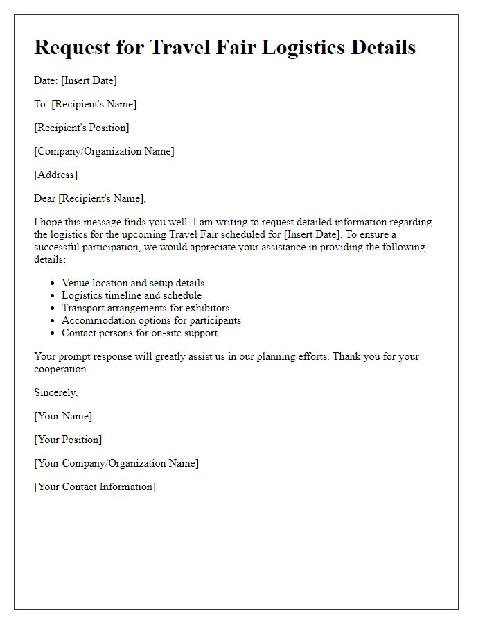 Letter template of details request for travel fair logistics