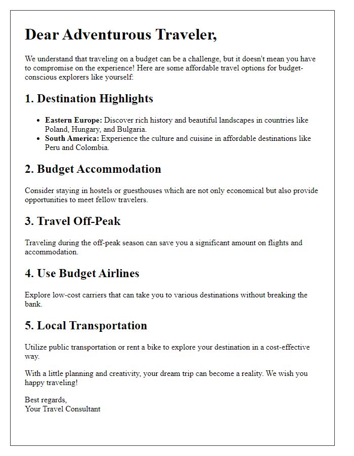 Letter template of affordable travel options for budget-conscious explorers