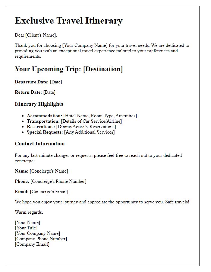 Letter template of concierge travel services for VIP clientele