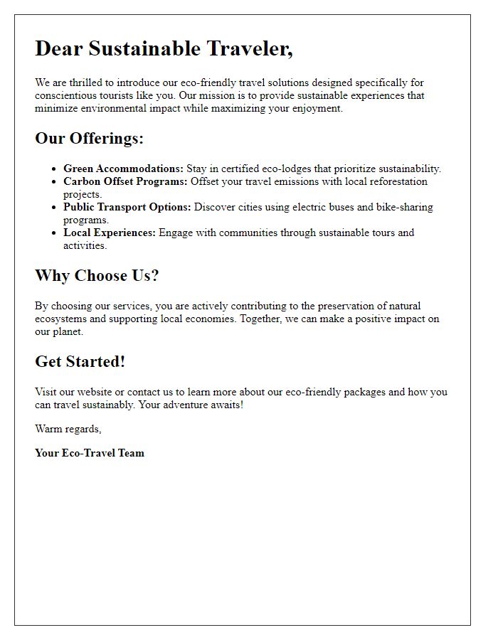 Letter template of eco-friendly travel solutions for sustainable tourists