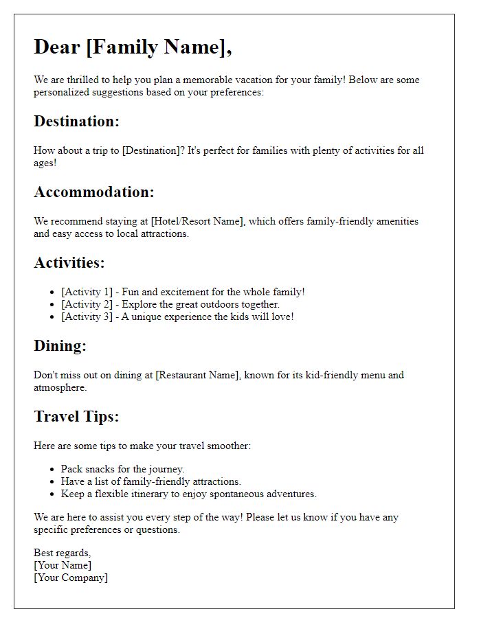 Letter template of personalized vacation planning for families