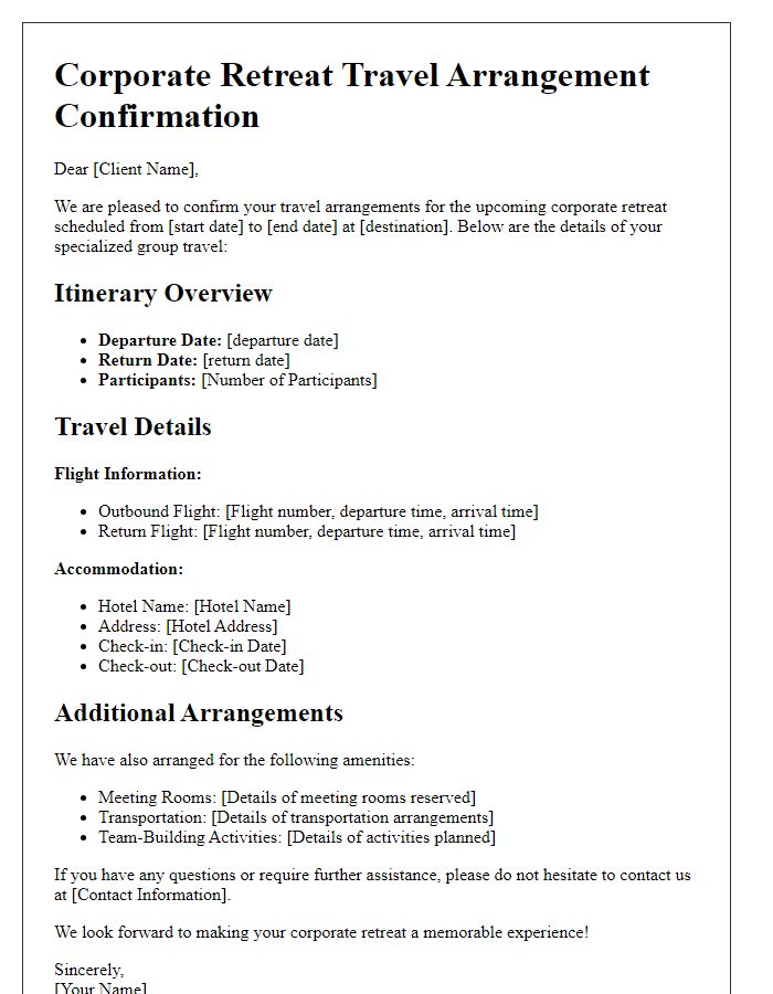 Letter template of specialized group travel arrangements for corporate retreats