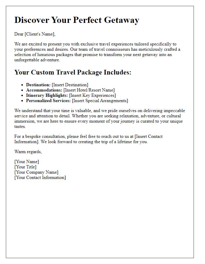 Letter template of tailored travel packages for discerning clients