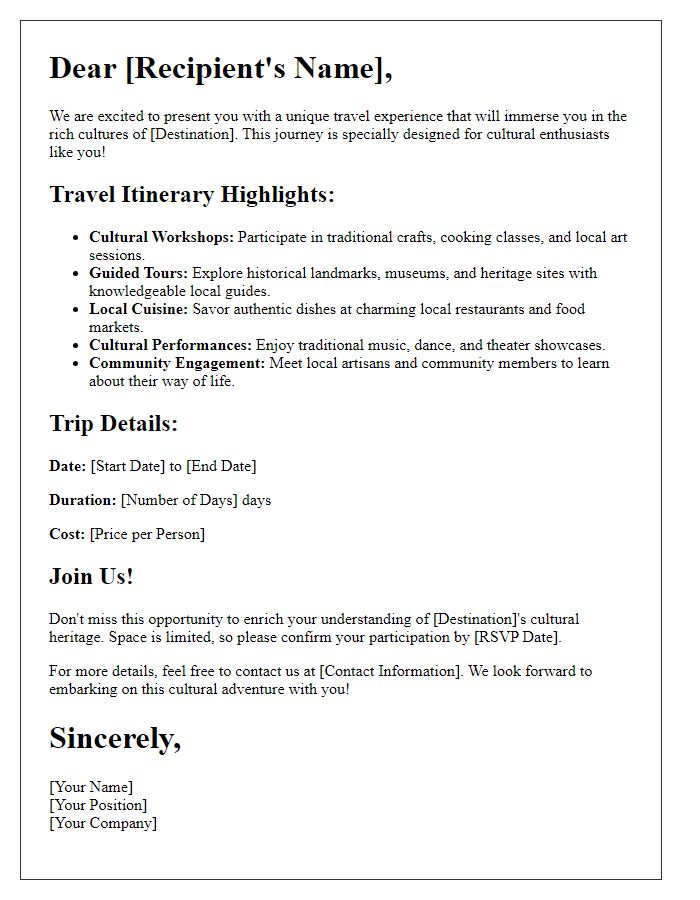 Letter template of themed travel experiences for cultural enthusiasts