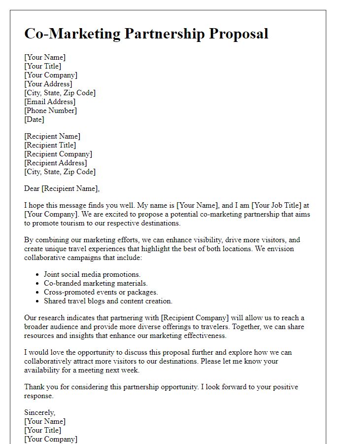 Letter template of co-marketing partnership proposal for destinations.