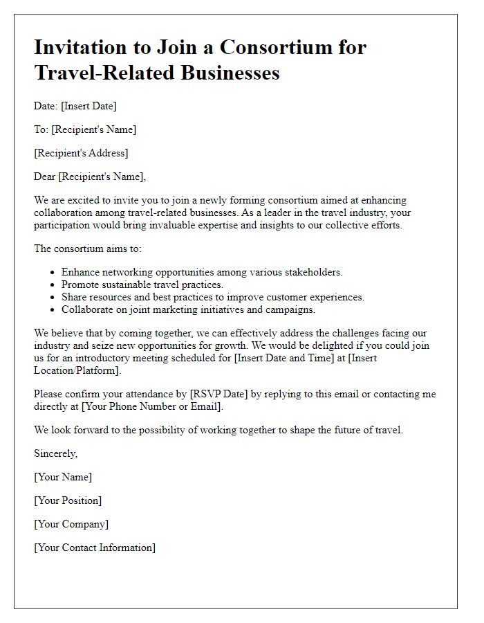 Letter template of consortium invitation for travel-related businesses.