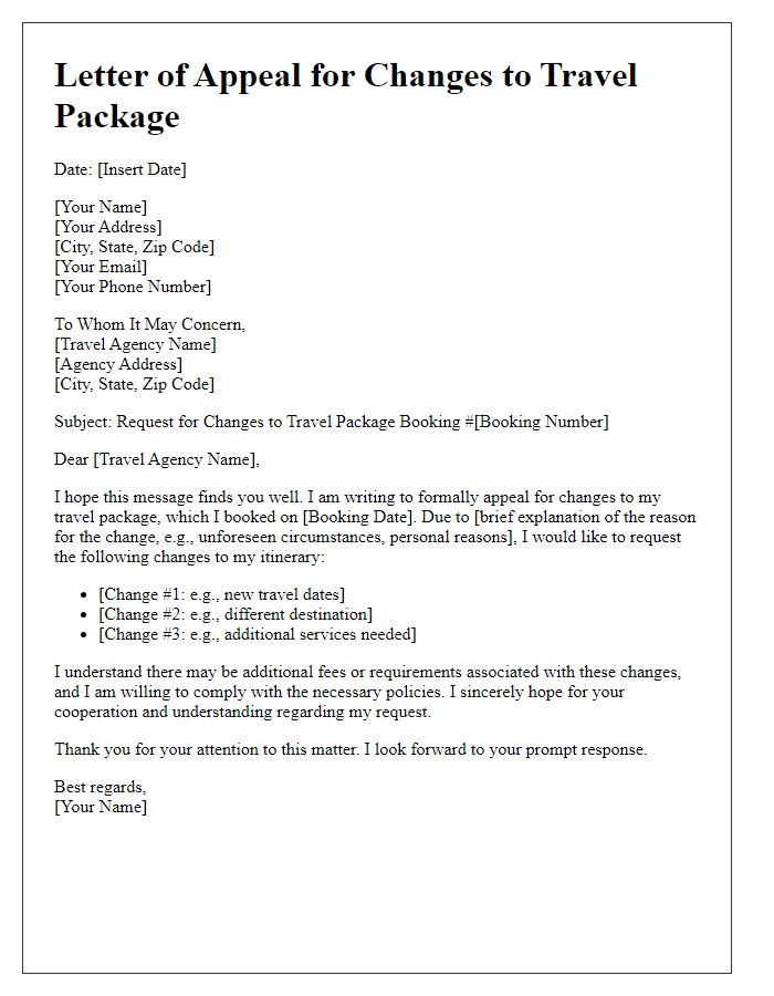 Letter template of appeal for travel package changes