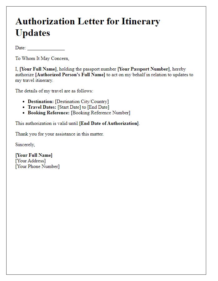 Letter template of authorization for itinerary updates