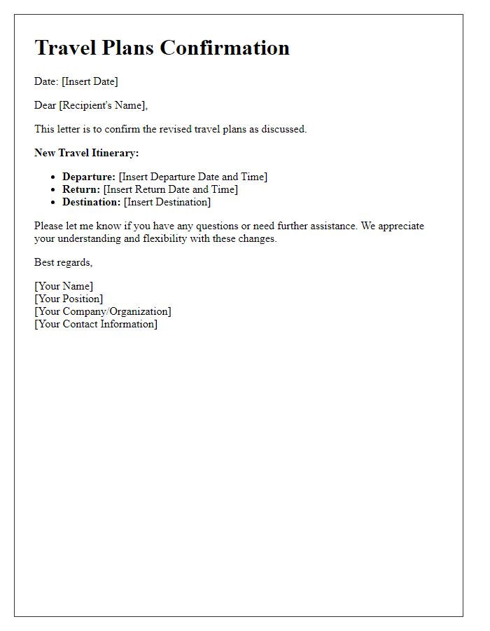 Letter template of confirmation for revised travel plans