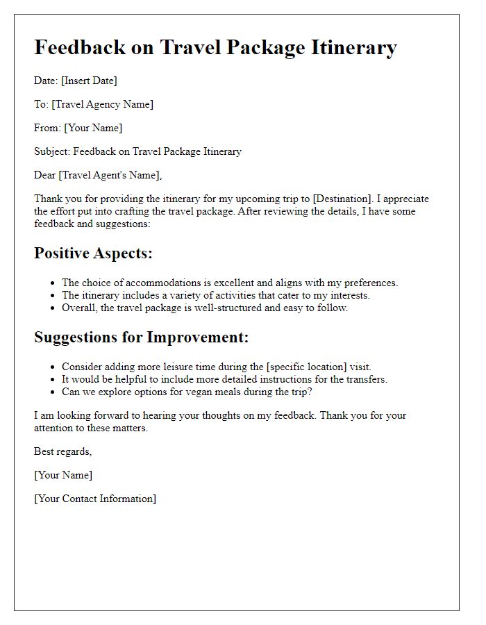 Letter template of feedback on travel package itinerary