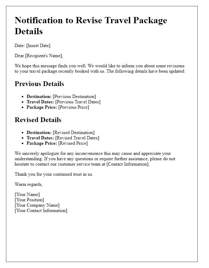 Letter template of notification to revise travel package details