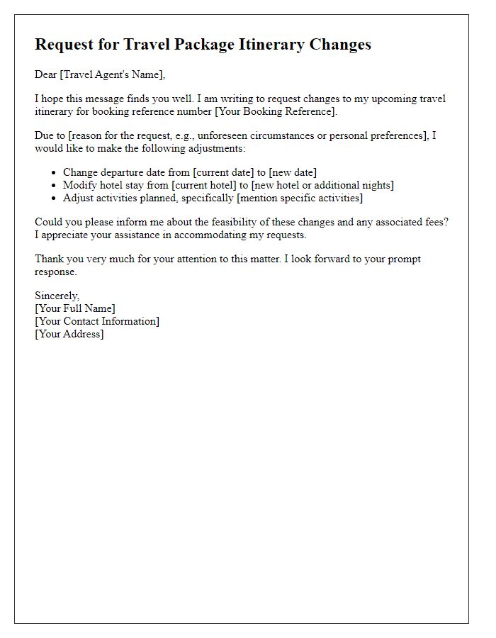 Letter template of request for travel package itinerary changes