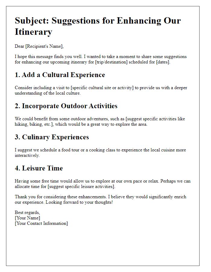 Letter template of suggestion for itinerary enhancements