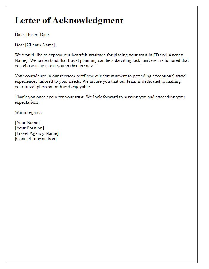 Letter template of acknowledgment for trusting our travel agency.