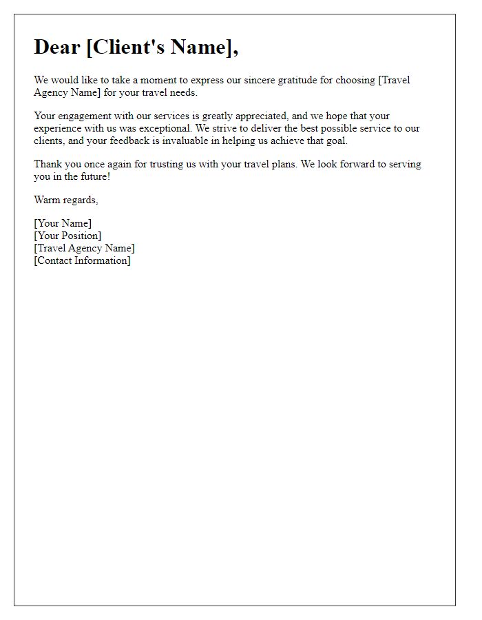 Letter template of appreciation for your engagement with our travel agency.