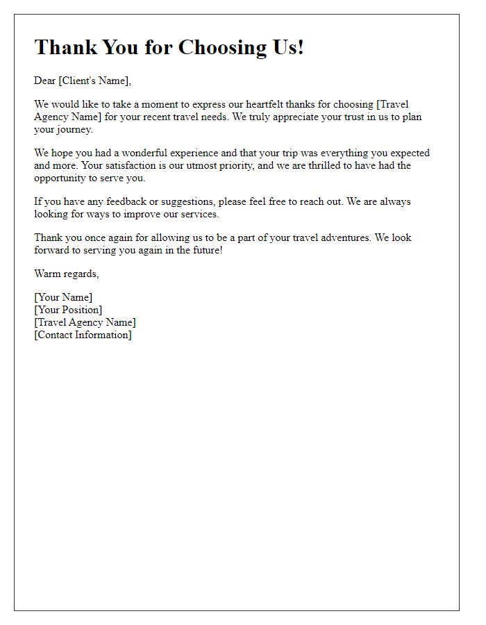 Letter template of thanks for choosing our travel agency services.