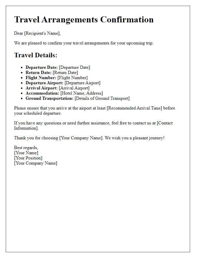 Letter template of travel arrangements confirmation