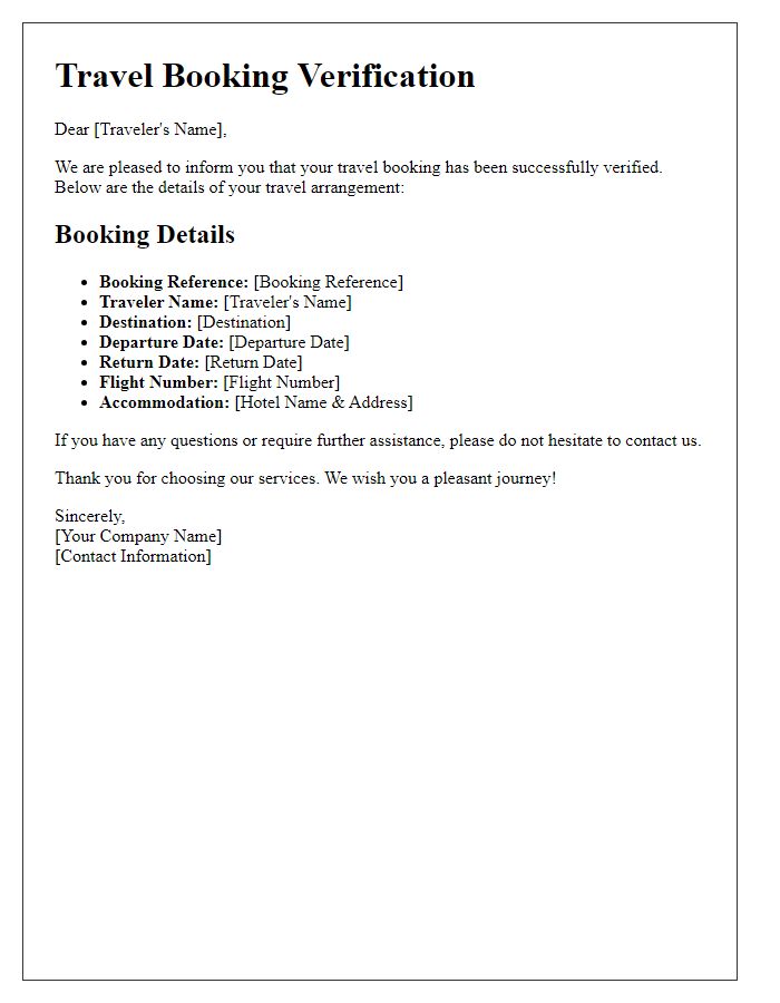 Letter template of travel booking verification