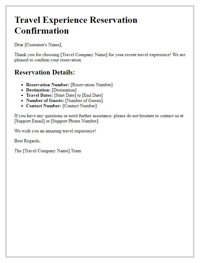 Letter template of travel experience reservation confirmation