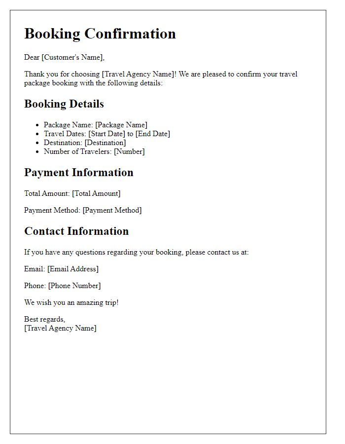 Letter template of travel package booking confirmation