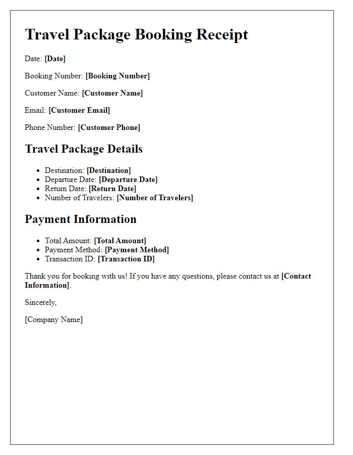 Letter template of travel package booking receipt